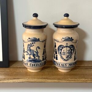 Antique Decorated Ceramic Apothecary Drugstore Medicine Jars Blue White Set of 2